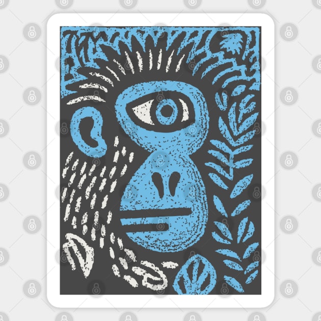 Abstract Monkey Cyclops | Blue Primate Doodle Magnet by TuncGK